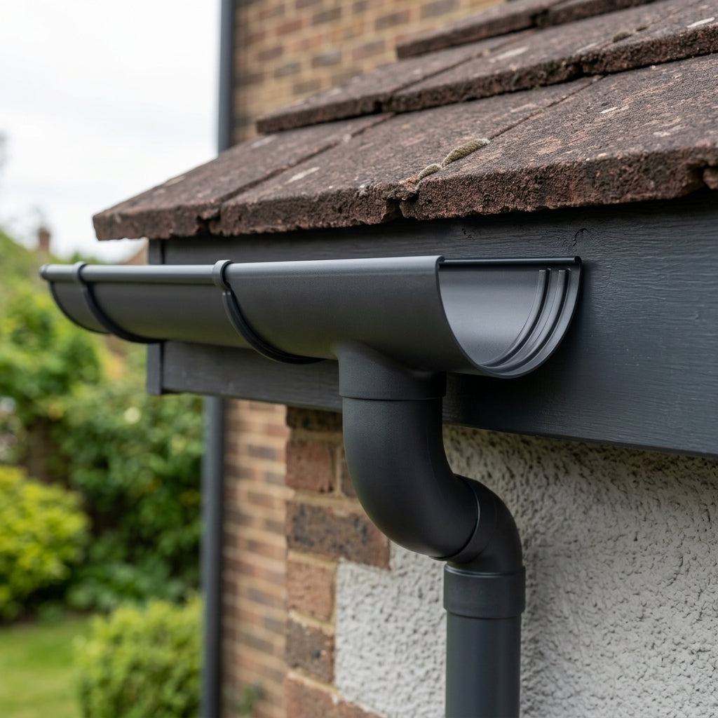 Half Round Aluminium Gutter Outlet 63mm Dia. 125mm — RAL 7021 (in use)