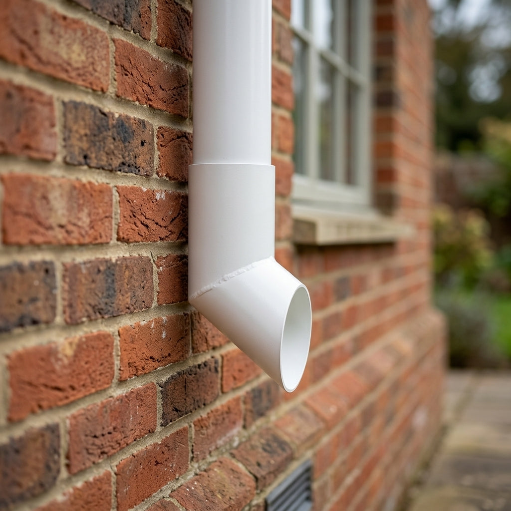 63mm Diameter Flush Joint Aluminium Downpipe Shoe — RAL 9010 (in use)