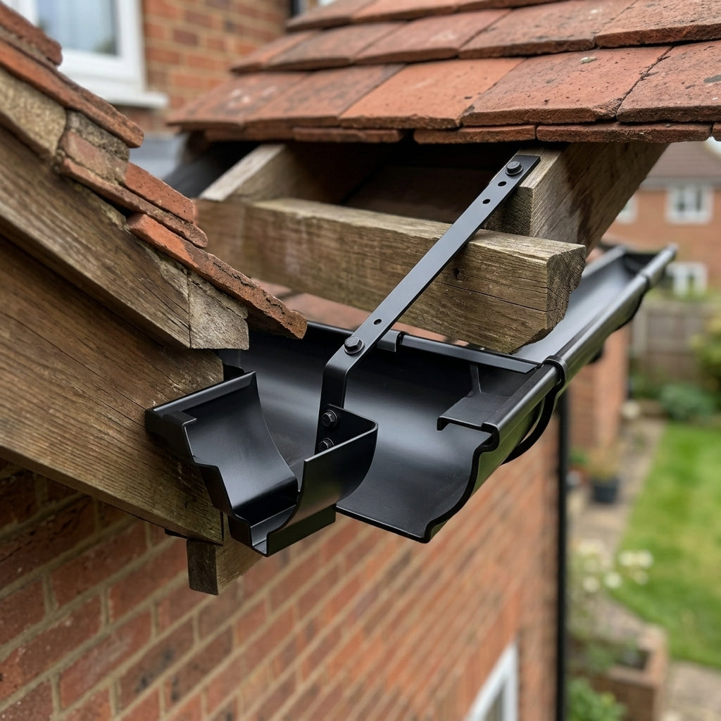 Moulded Ogee Gutter Top Rafter Bracket 125 x 100mm — RAL 9005 (in use)