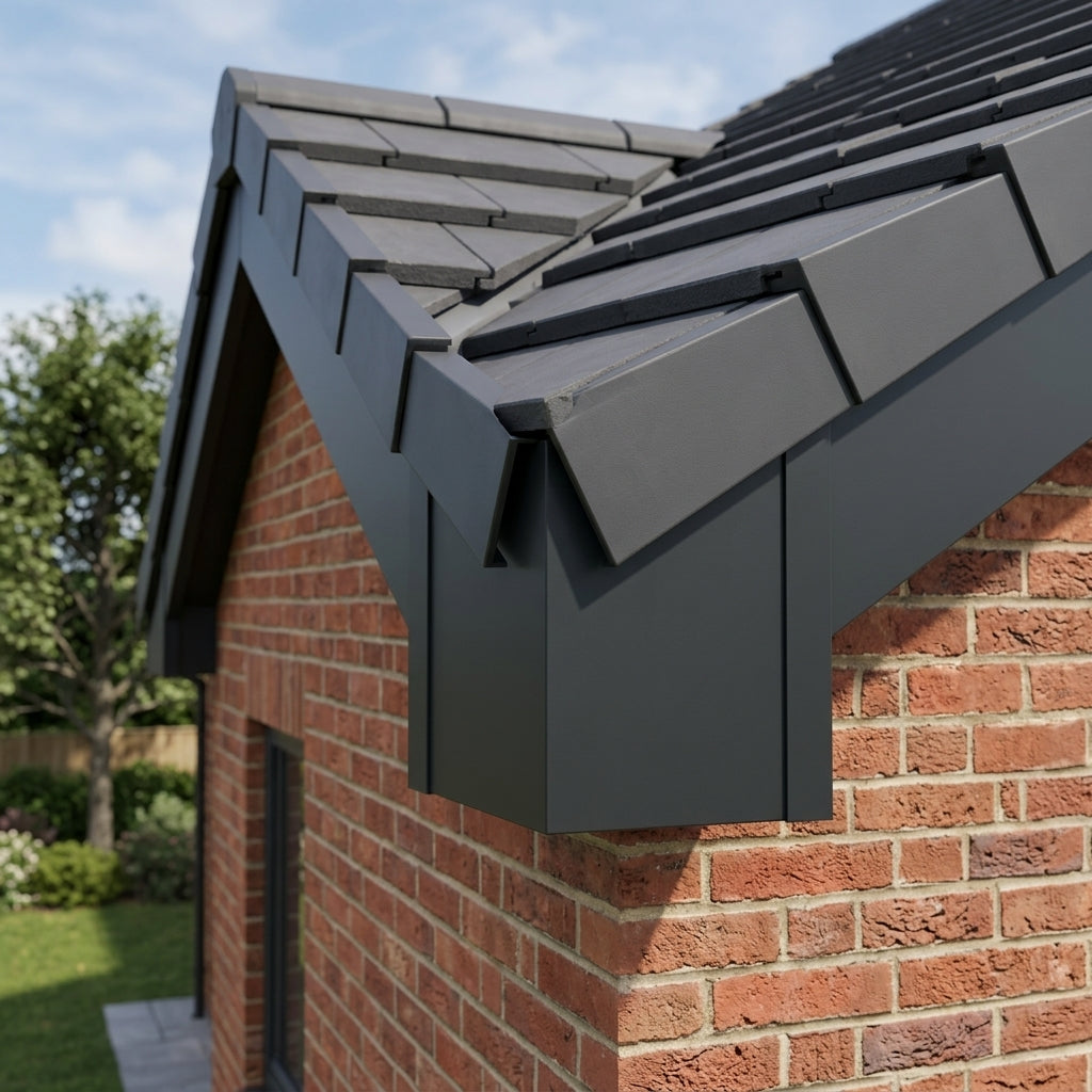 U Return Aluminium Fascia Angle Covers for Mitred Corners — RAL 7021 / 135 Deg Internal Angle (in use)