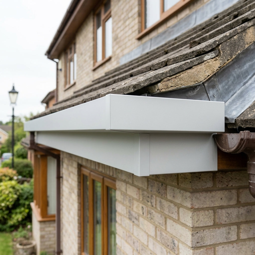 V Return Aluminium Fascia Angle Covers for Mitred Corners — RAL 7035 / 135 Deg External Angle (in use)
