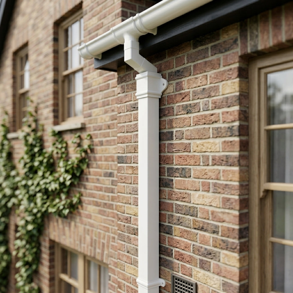 Traditional Aluminium Downpipe 72x72mm x 3m Eared Socket — RAL 9010 (in use)