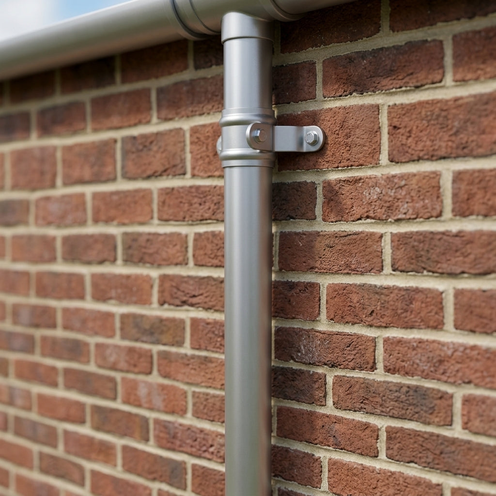 Aluminium Downpipe Length Eared Socket 63mm Dia x 3m — RAL 9006 (in use)