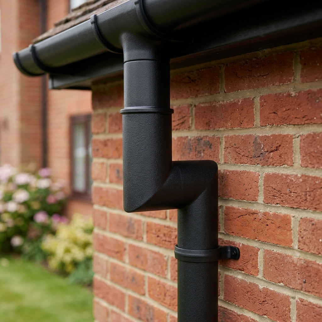 Flush Joint Aluminium Downpipe Bends 63mm Diameter — Textured Black / 92.5 Deg (in use)