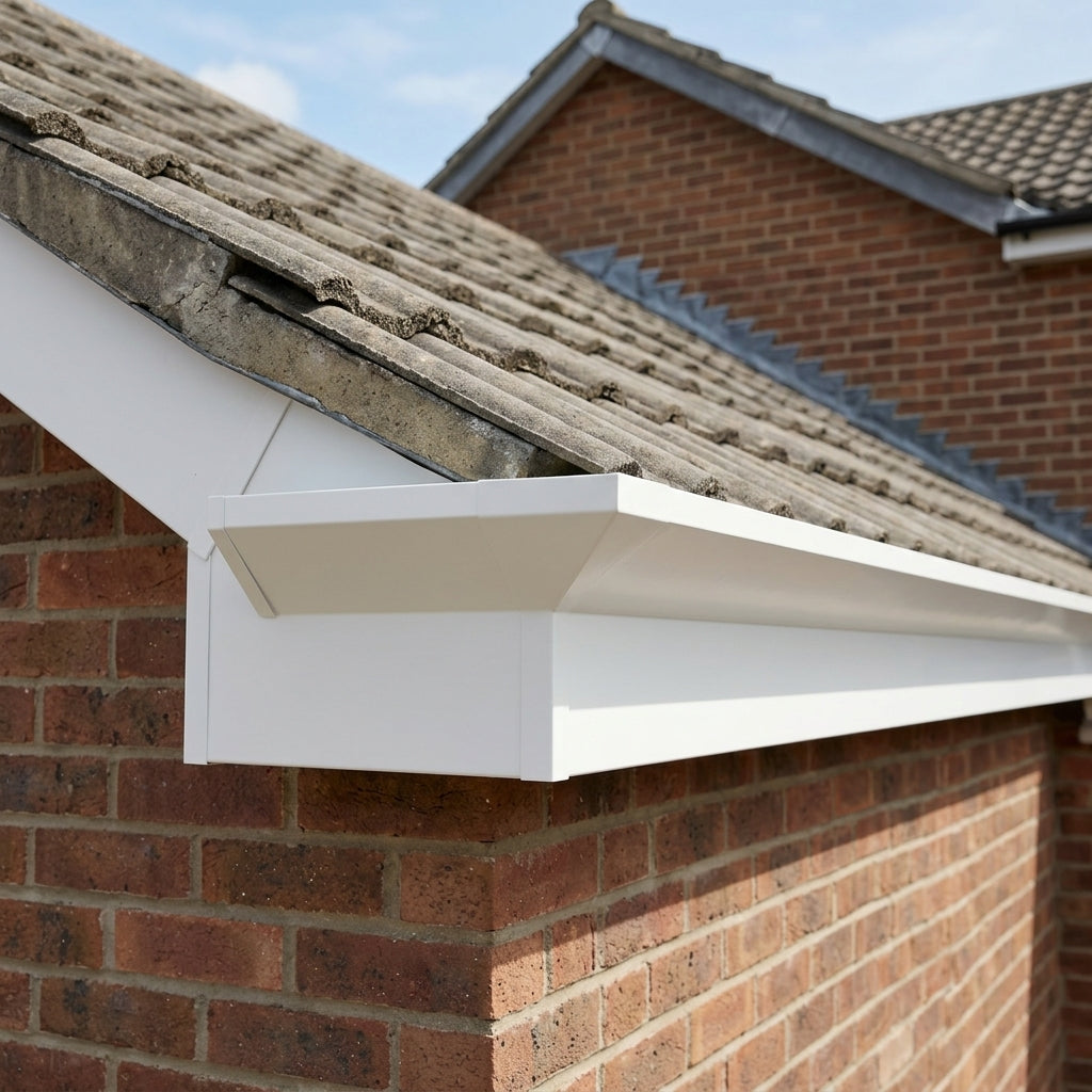 V Return Aluminium Fascia Angle Covers for Mitred Corners — RAL 9010 / 90 Deg External Angle (in use)