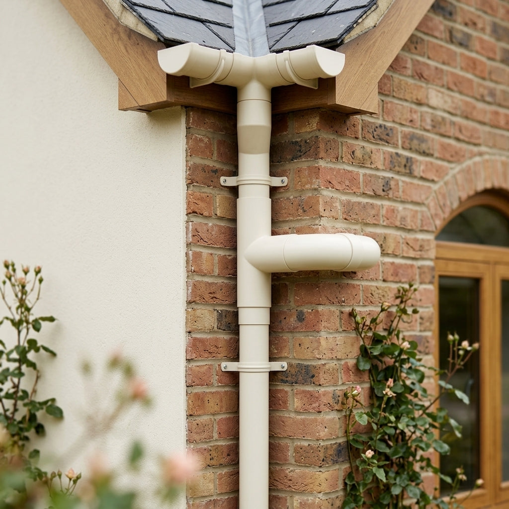 76mm Diameter Flush Joint Downpipe Branches — RAL 9010 / 112.5 Degrees (in use)