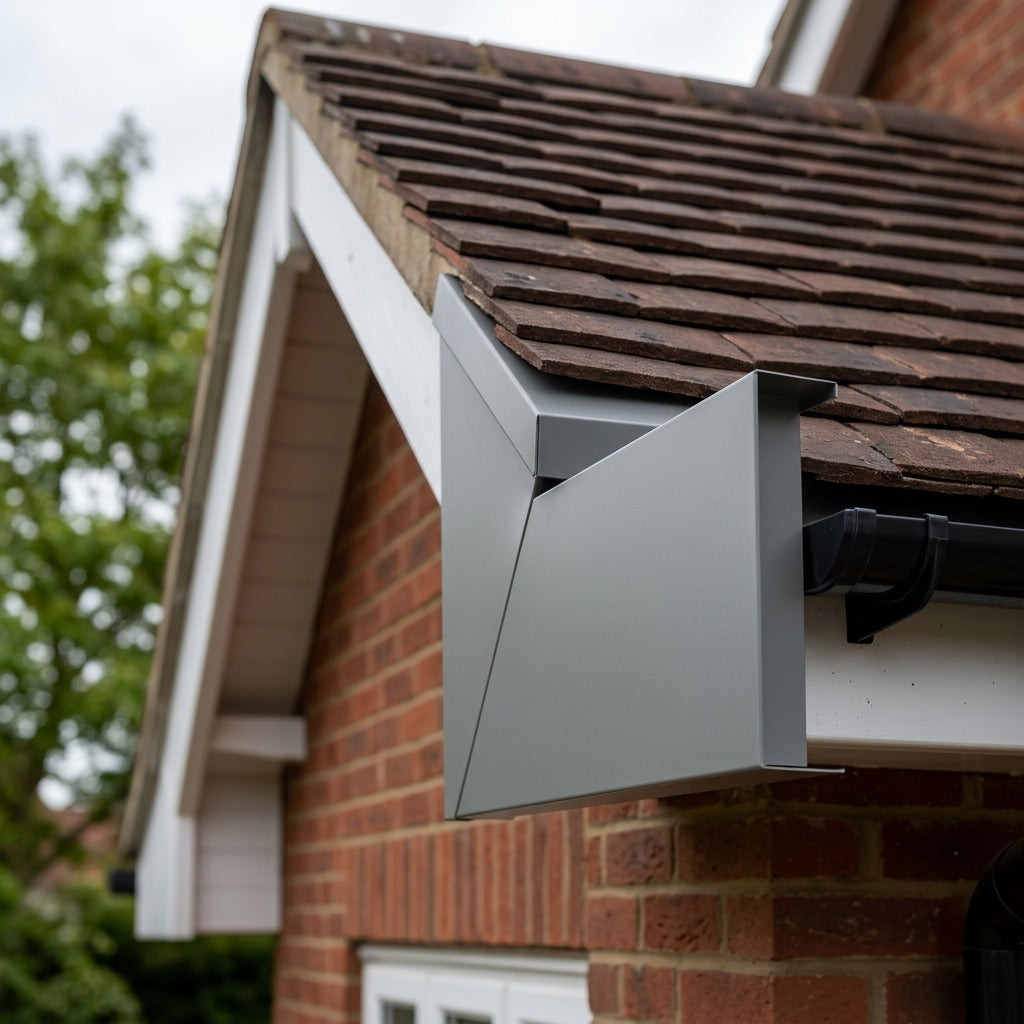U Return Aluminium Fascia Angle Covers for Mitred Corners — RAL 7037 / 90 Deg Internal Angle (in use)