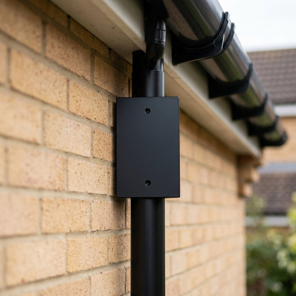 Aluminium Downpipe Access Plate 72x72mm — RAL 9005 (in use)