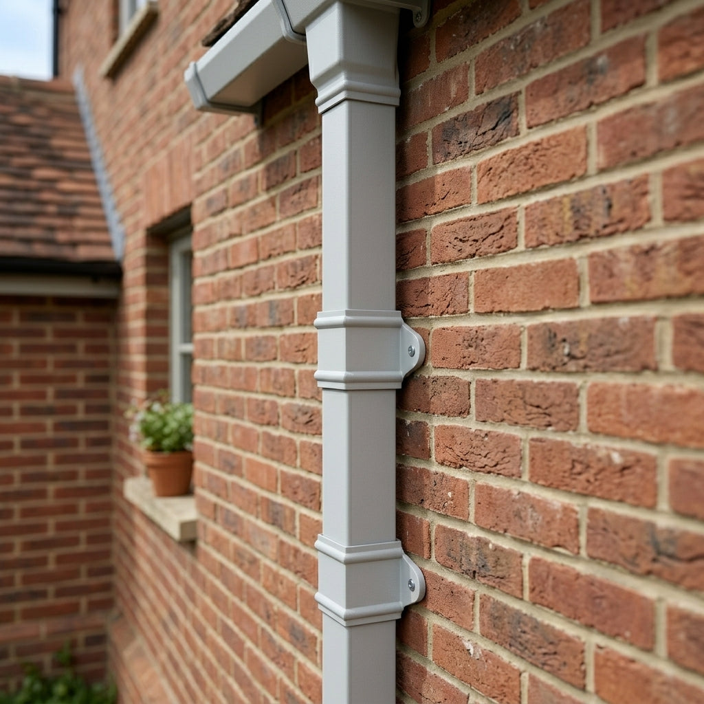 Traditional Aluminium Downpipe 72x72mm x 3m Eared Socket — RAL 7035 (in use)