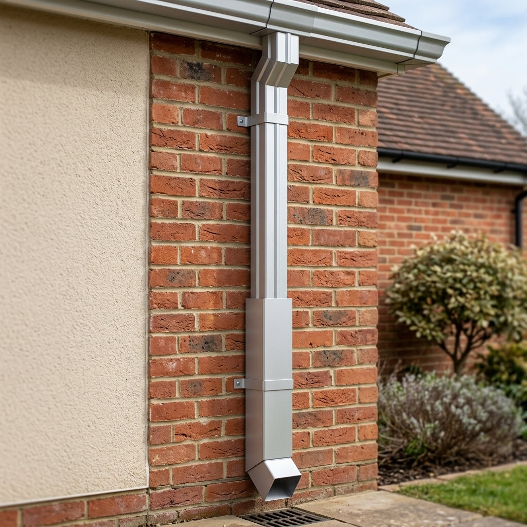 Flush Joint Aluminium Downpipe 72×72mm × 3m — RAL 9006 (in use)