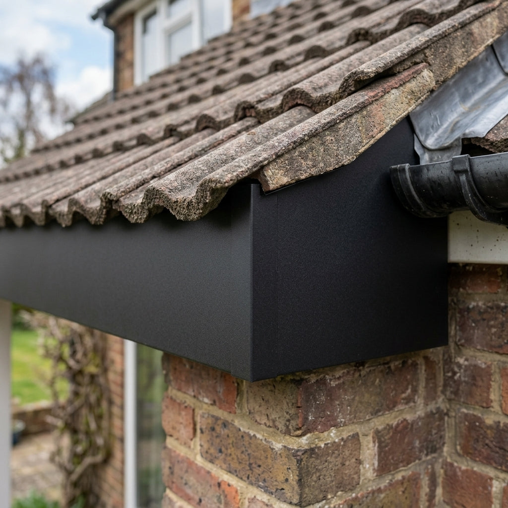 V Return Aluminium Fascia Angle Covers for Mitred Corners — Textured Black / 135 Deg External Angle (in use)