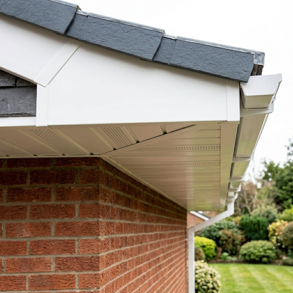 Aluminium Soffit Boards – Plain or Vented with Exterior Coating — RAL 9010 / 365mm Wide | Unvented (in use)
