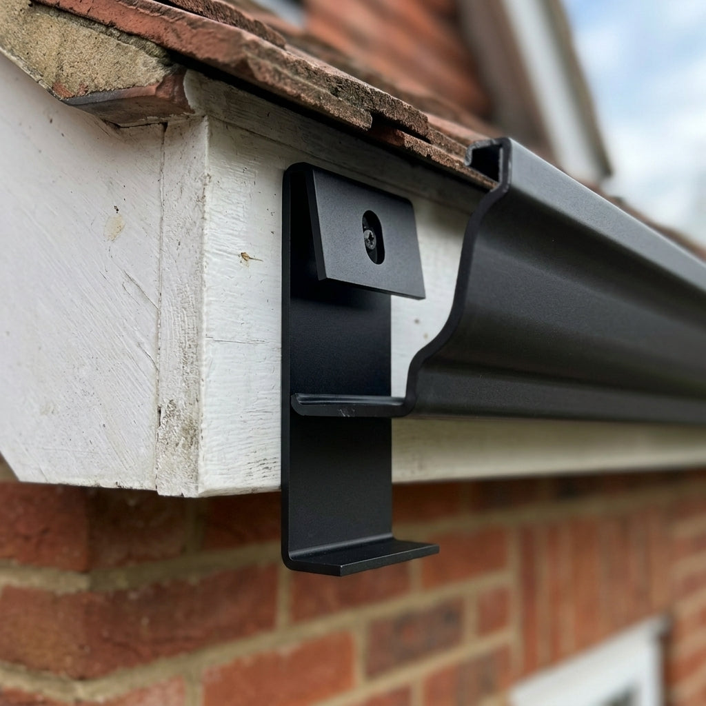 Moulded Ogee Gutter Direct Fix Bracket 125 x 100mm — RAL 9005 (in use)