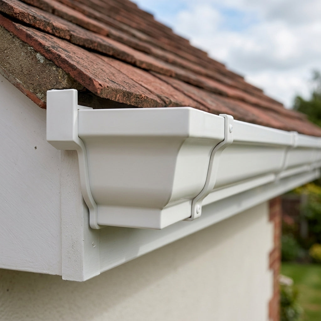 Moulded Ogee Gutter Left Hand Stop End 125 x 100mm — RAL 9010 (in use)