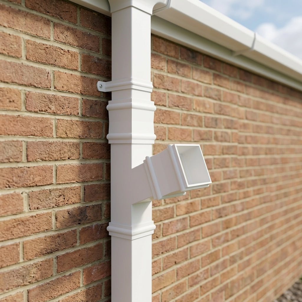 72x72mm Traditional Square Aluminium Downpipe Branches — RAL 9016 / 112.5 Degrees (in use)