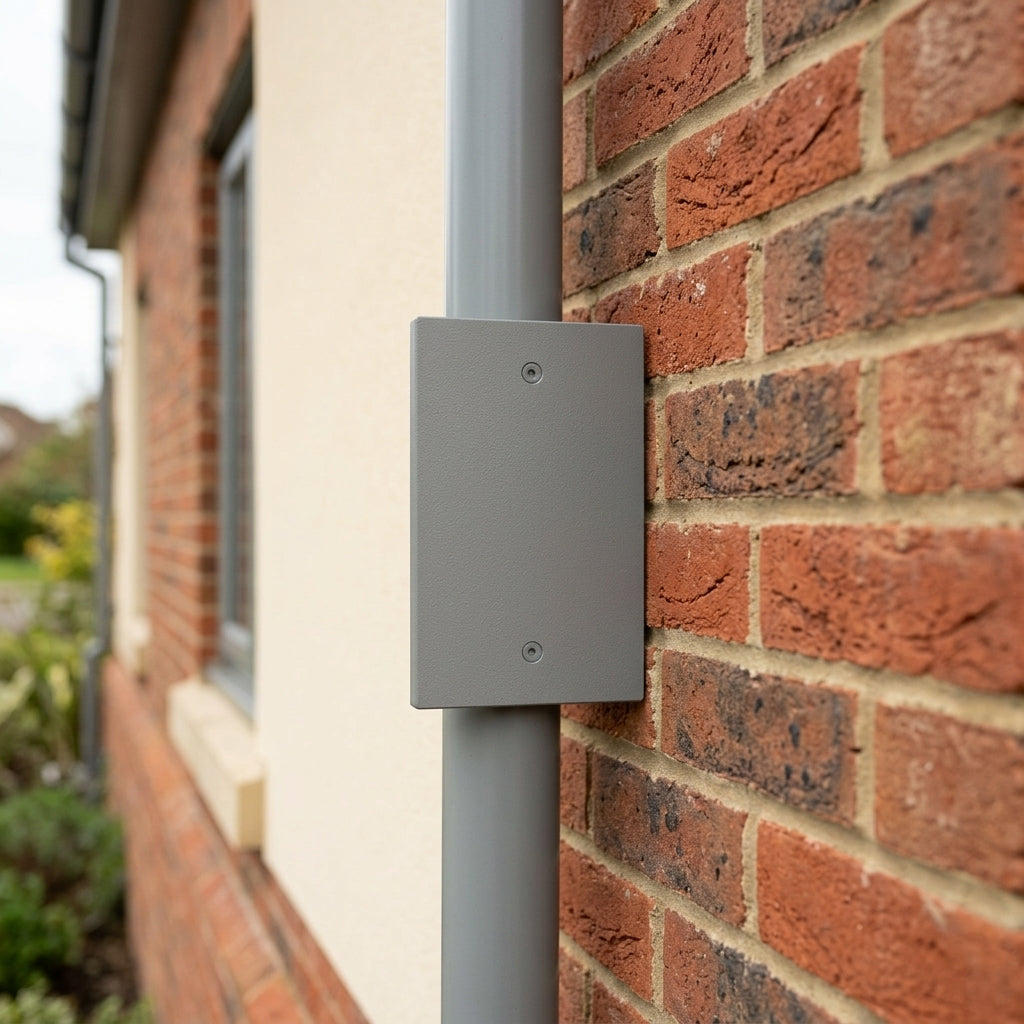 Aluminium Downpipe Access Plate 72x72mm — RAL 7037 (in use)