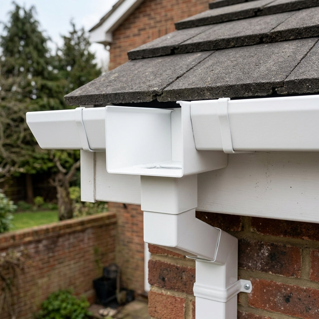 Aluminium Box Gutter Outlet 72×72mm to 135×100mm — RAL 9016 (in use)