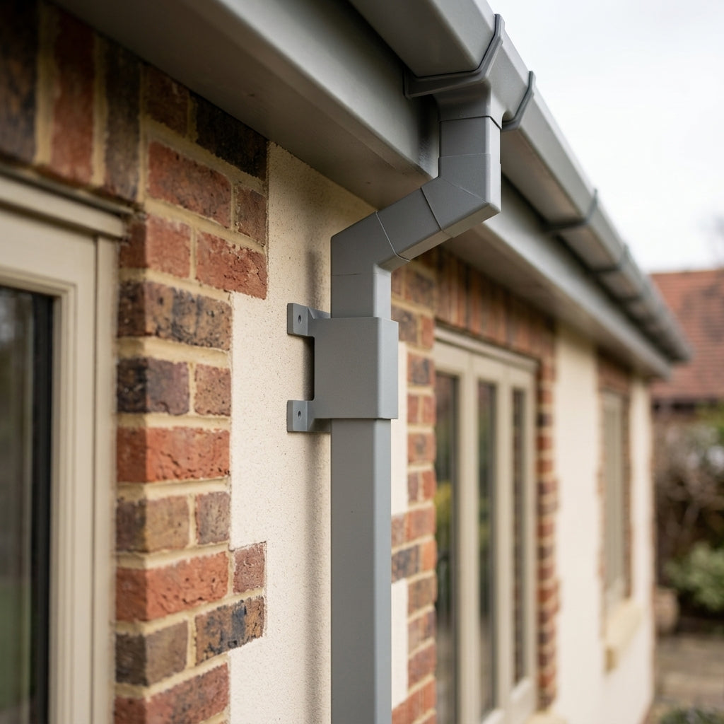 Aluminium Downpipe Clip 72×72mm with 5mm Wall Spacing — RAL 7037 (in use)