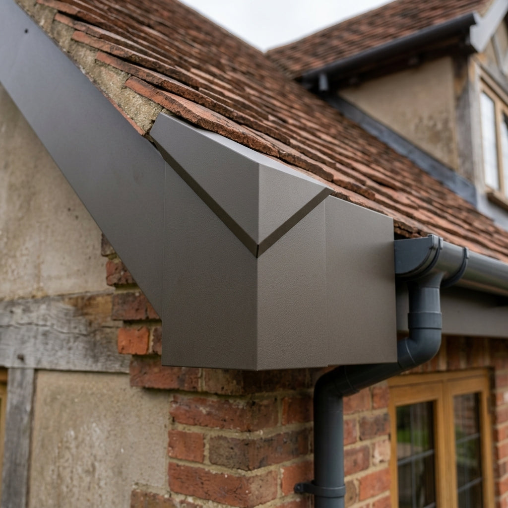 U Return Aluminium Fascia Angle Covers for Mitred Corners — RAL 7022 / 135 Deg External Angle (in use)