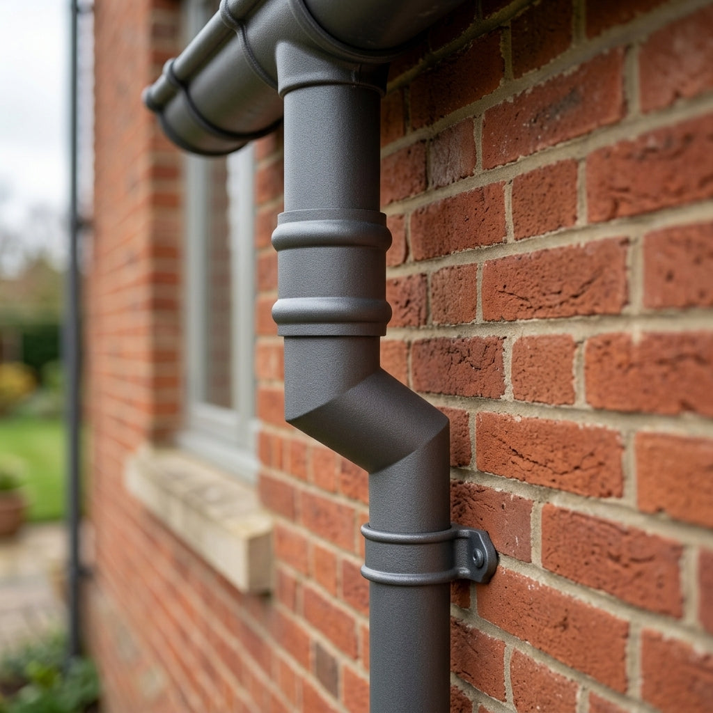 Traditional Aluminium Downpipe Bends 63mm Dia 92.5° 112.5° — RAL 7037 / 92.5 Degrees (in use)