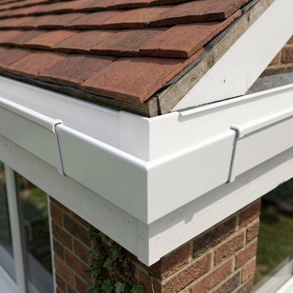 90° Aluminium Box Gutter Angle 135 x 100mm — RAL 9016 (in use)