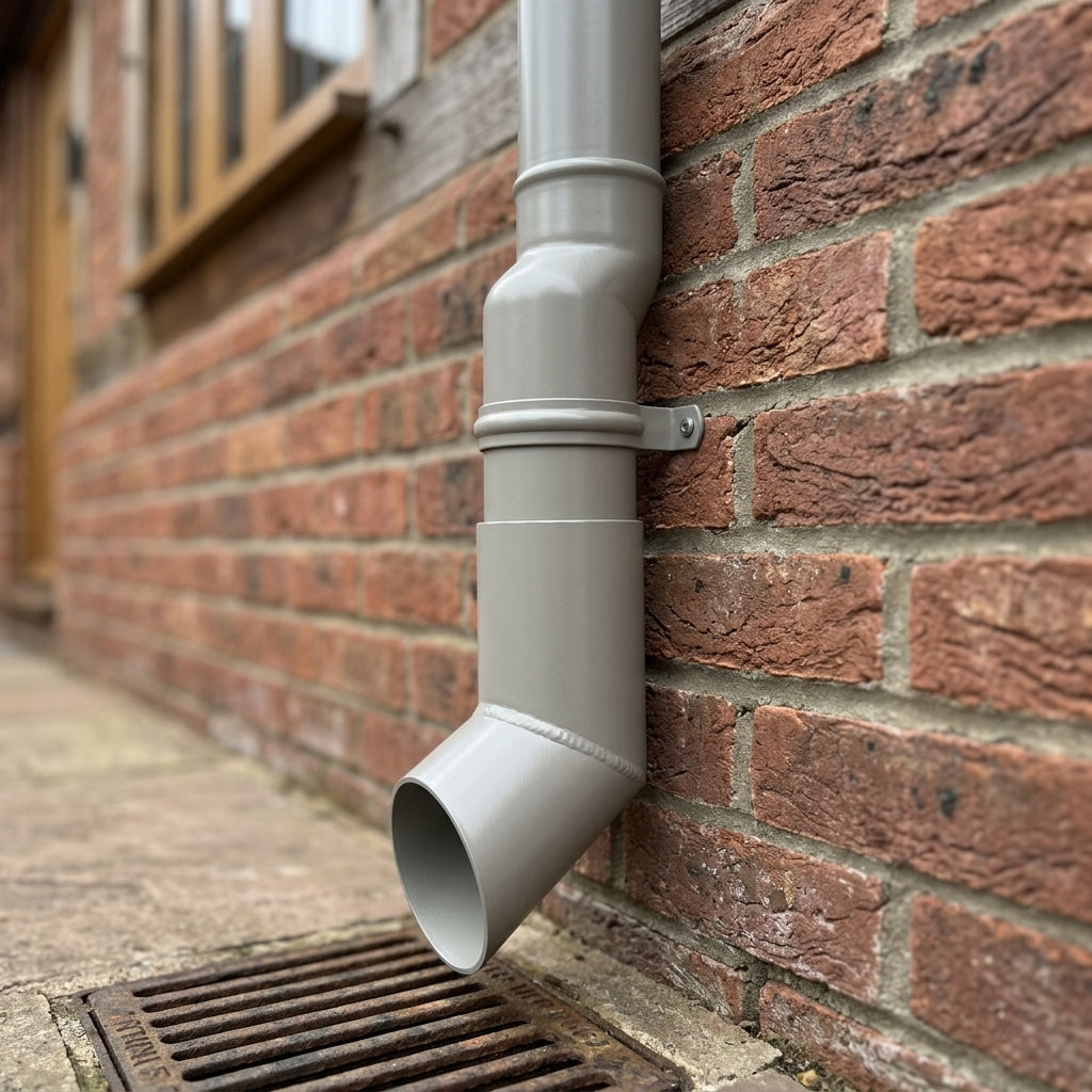 63mm Diameter Flush Joint Aluminium Downpipe Shoe — RAL 7036 (in use)