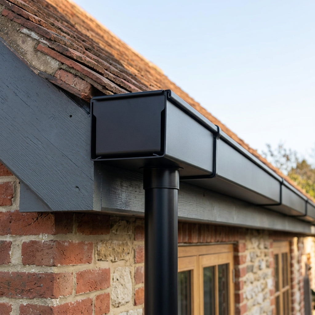 Aluminium Box Gutter Outlet 63mm Diameter 135 x 100mm — RAL 9005 (in use)