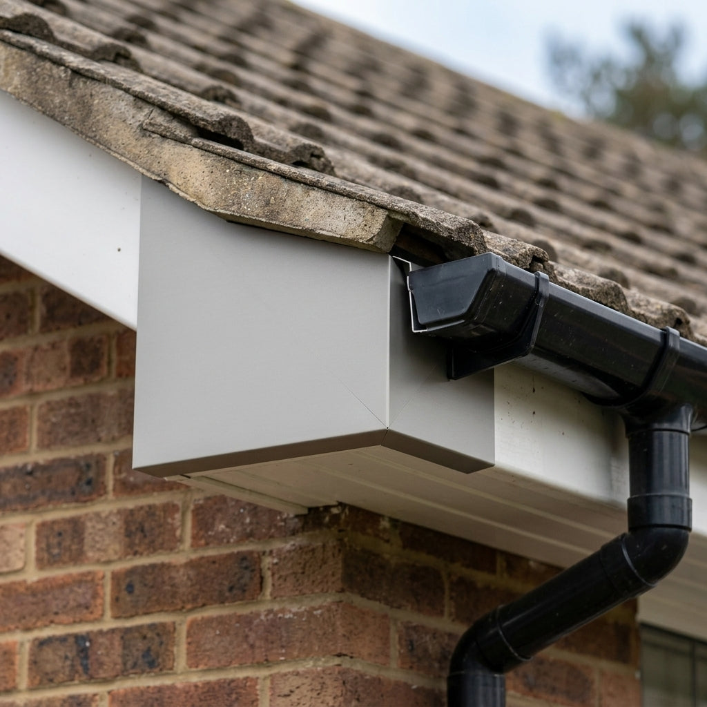 U Return Aluminium Fascia Angle Covers for Mitred Corners — RAL 7036 / 90 Deg Internal Angle (in use)