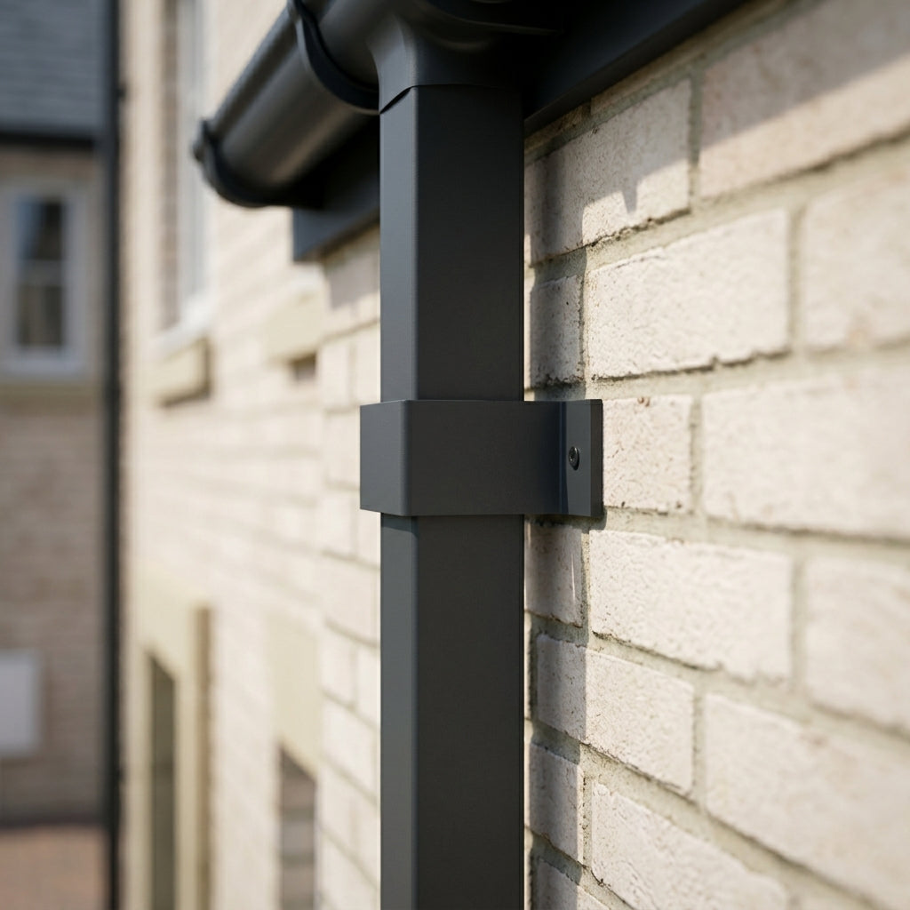 Aluminium Downpipe Clip 72×72mm with 5mm Wall Spacing — RAL 7021 (in use)
