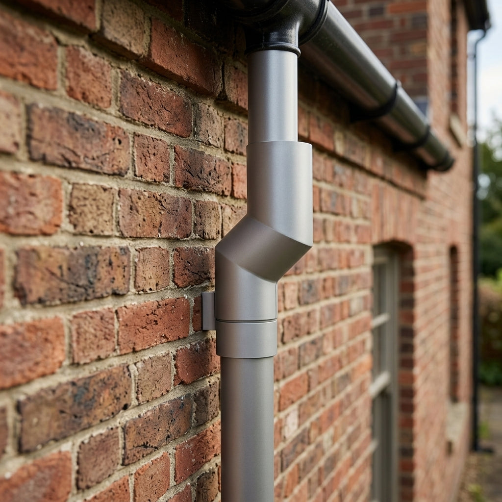 Flush Joint Aluminium Downpipe Bends 63mm Diameter — RAL 9006 / 92.5 Deg (in use)