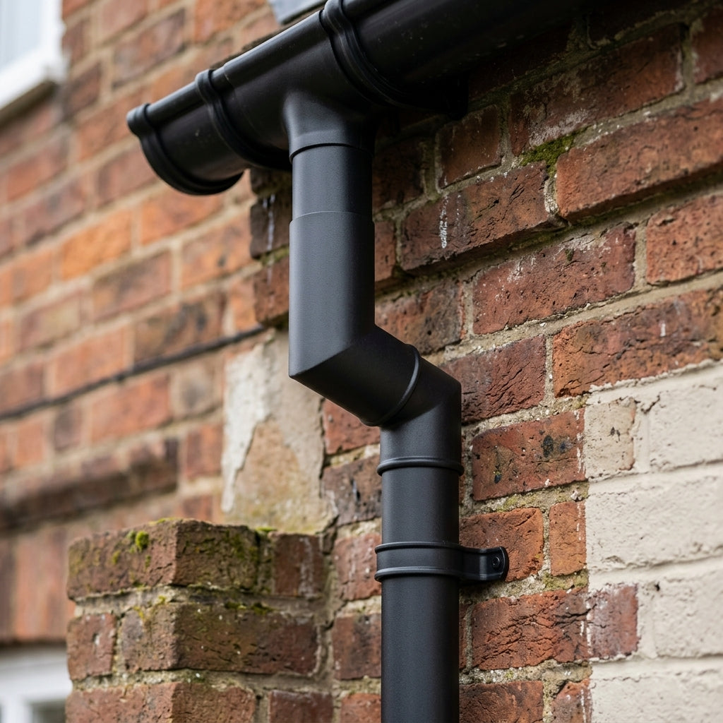 Flush Joint Aluminium Downpipe Bends 63mm Diameter — RAL 7021 / 92.5 Deg (in use)