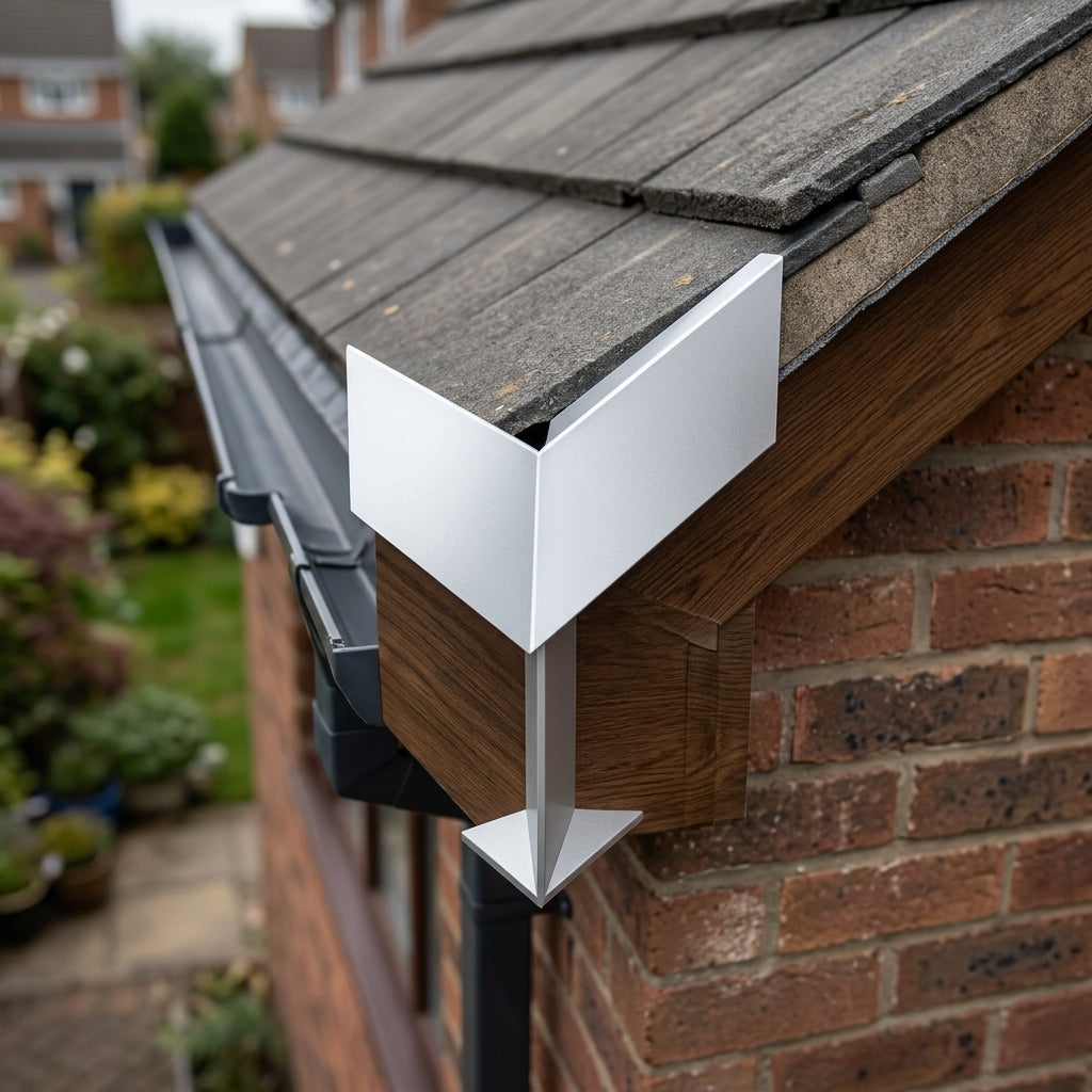 V Return Aluminium Fascia Angle Covers for Mitred Corners — RAL 9006 / 90 Deg Internal Angle (in use)