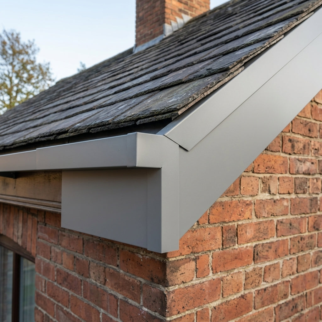 U Return Aluminium Fascia Angle Covers for Mitred Corners — RAL 7036 / 135 Deg Internal Angle (in use)