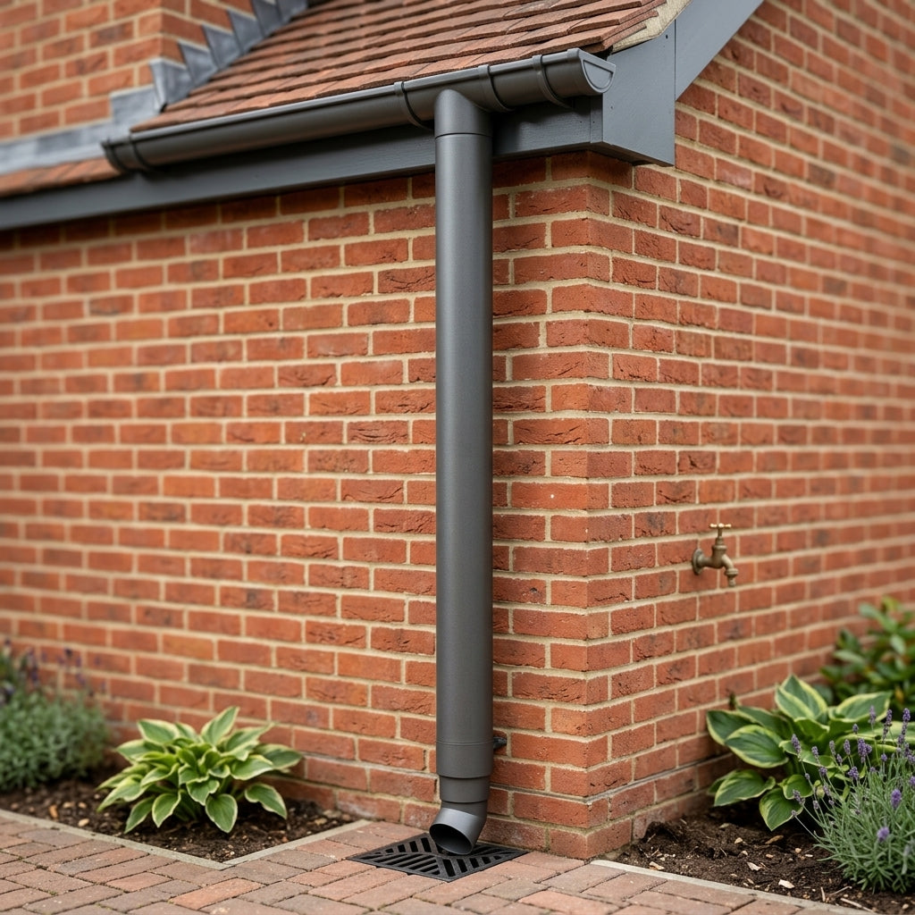 Aluminium Flush Joint Downpipe Sample — RAL 7022 / 76mmØ (in use)