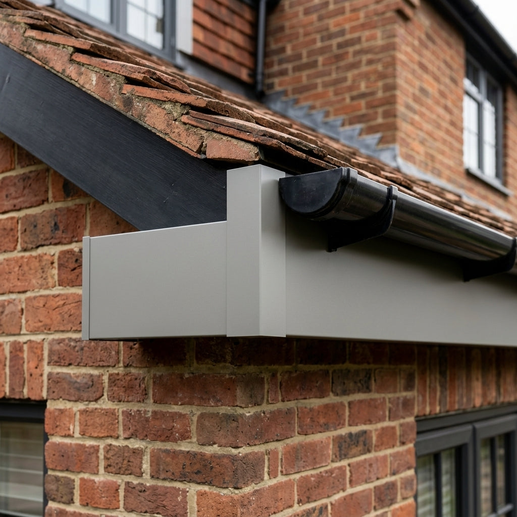 UF1 Aluminium Fascia Board Joint Cover - U Return Profile — RAL 7036 (in use)
