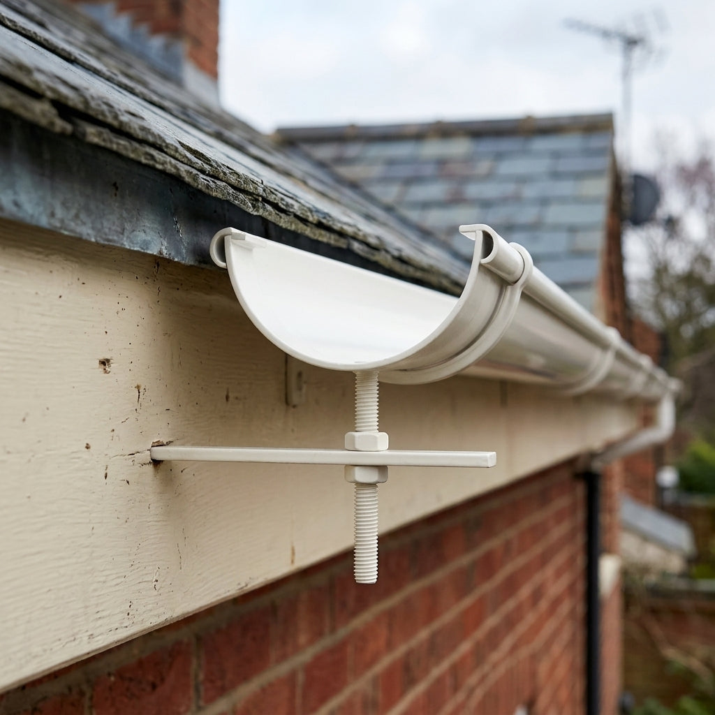 Half Round Aluminium Gutter Rise and Fall Bracket 125mm — RAL 9010 (in use)