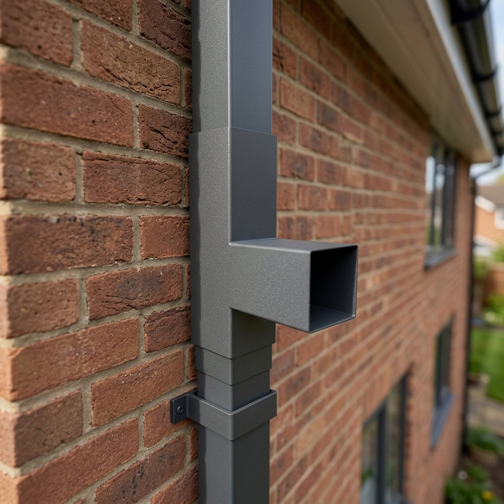 72x72mm Flush Joint Downpipe Branches — 92.5° & 112.5° — RAL 7022 / 92.5 Degrees (in use)