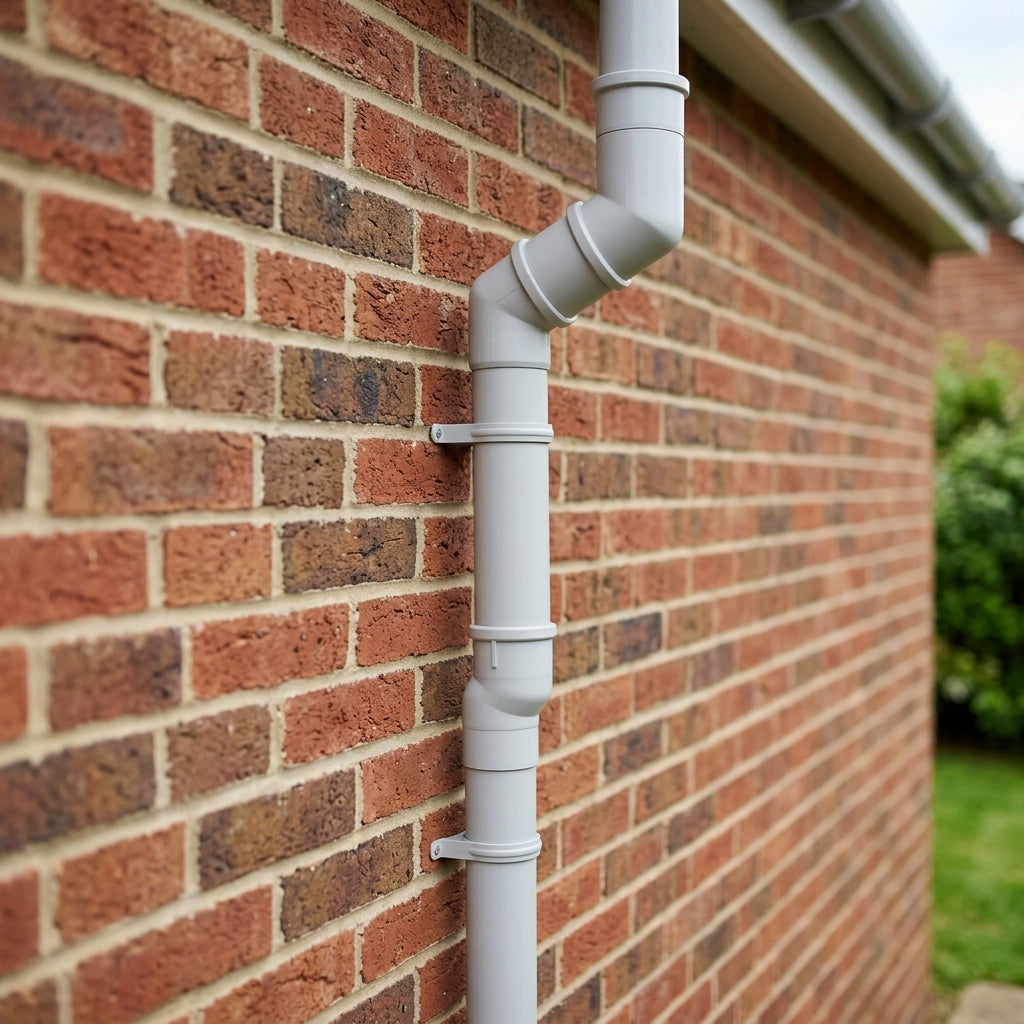 Flush Joint Adjustable Swanneck 63mm Downpipe Connector — RAL 7035 (in use)