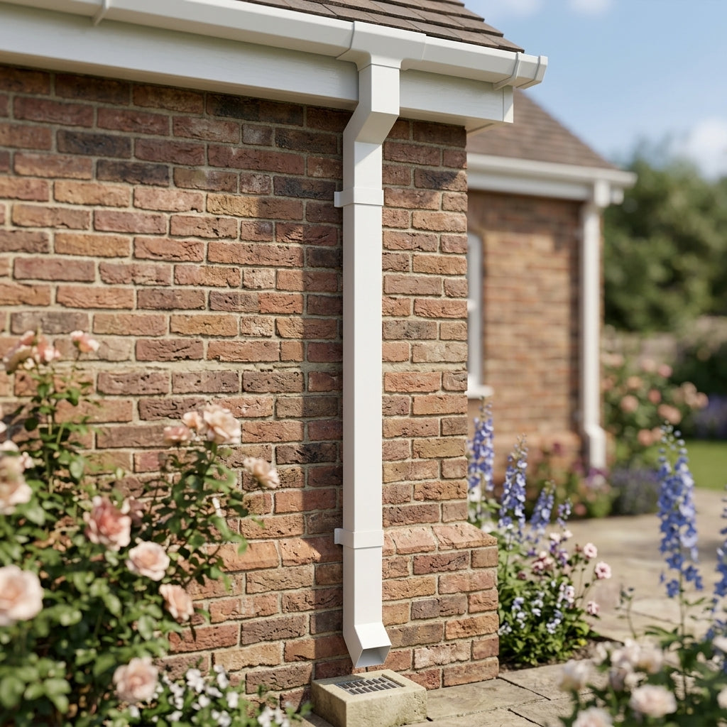 Flush Joint Aluminium Downpipe 72×72mm × 3m — RAL 9016 (in use)
