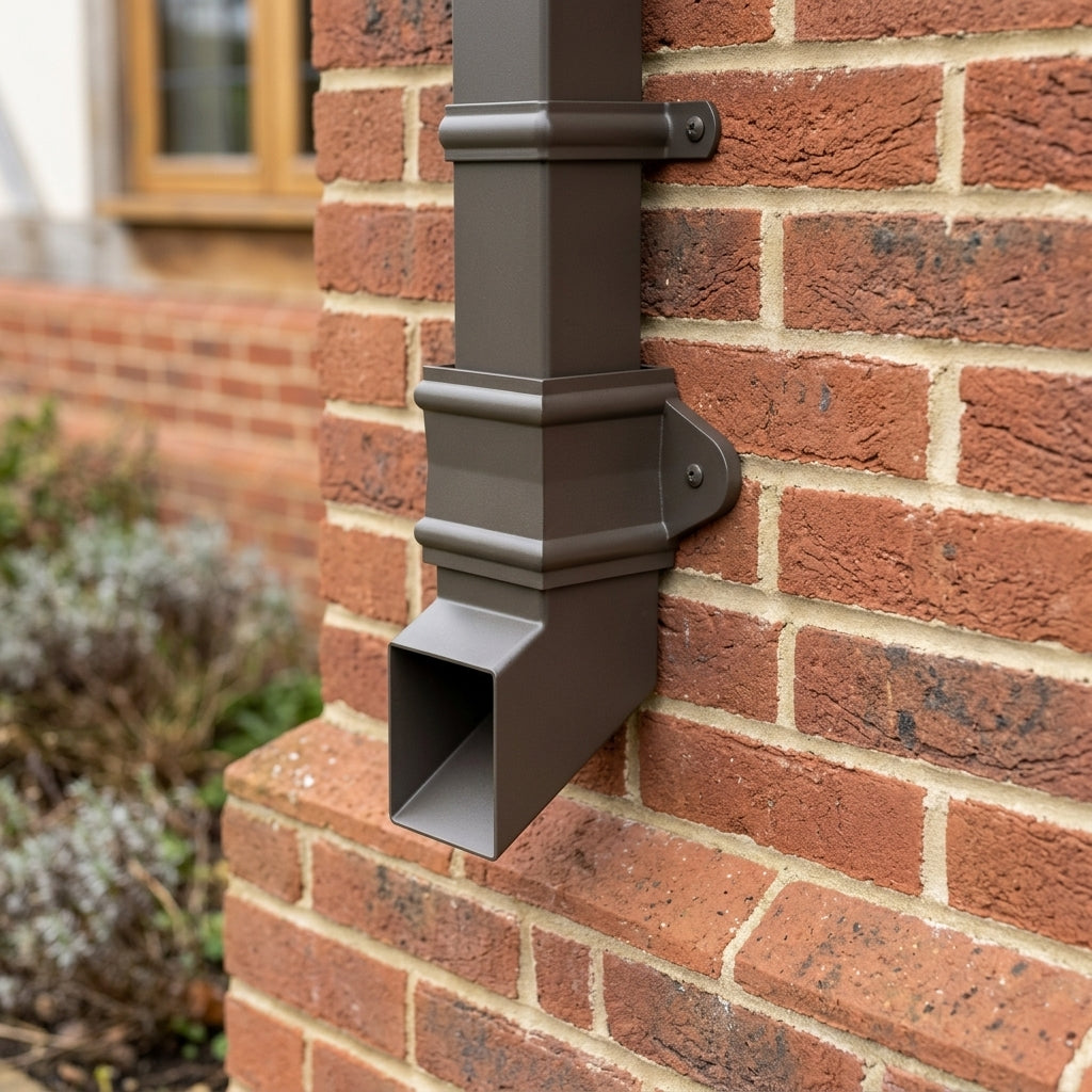 Traditional Aluminium Downpipe Shoe 72x72mm — RAL 7022 (in use)