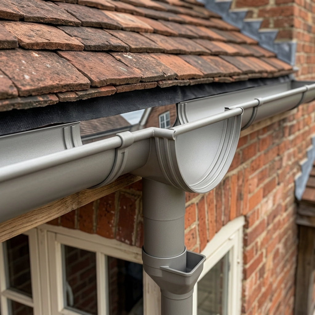 DeepFlow Aluminium Gutter Outlet 76mm Diameter 130mm — RAL 7036 (in use)