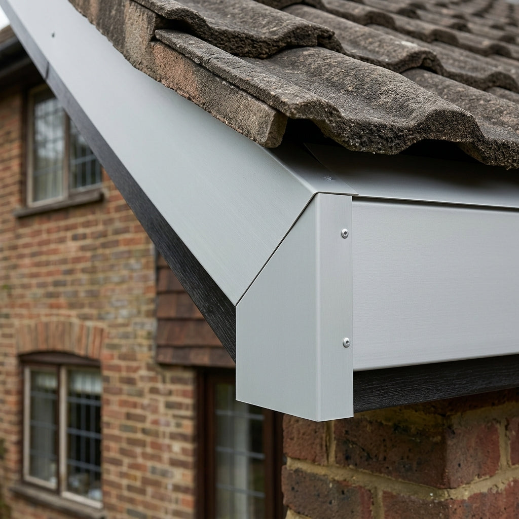U Return Aluminium Fascia Angle Covers for Mitred Corners — RAL 7035 / 90 Deg Internal Angle (in use)