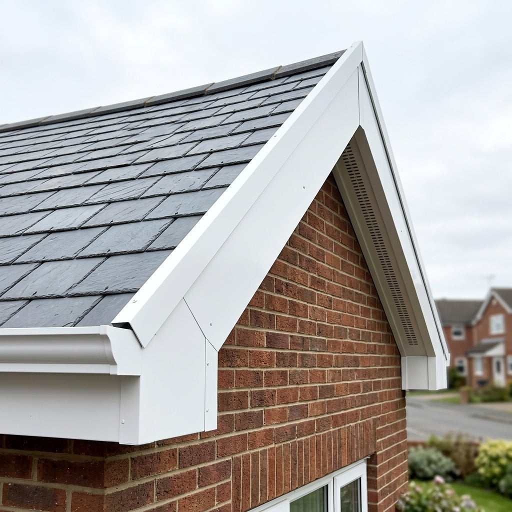 U Return Aluminium Fascia Board Gable Box Ends — RAL 9016 (in use)