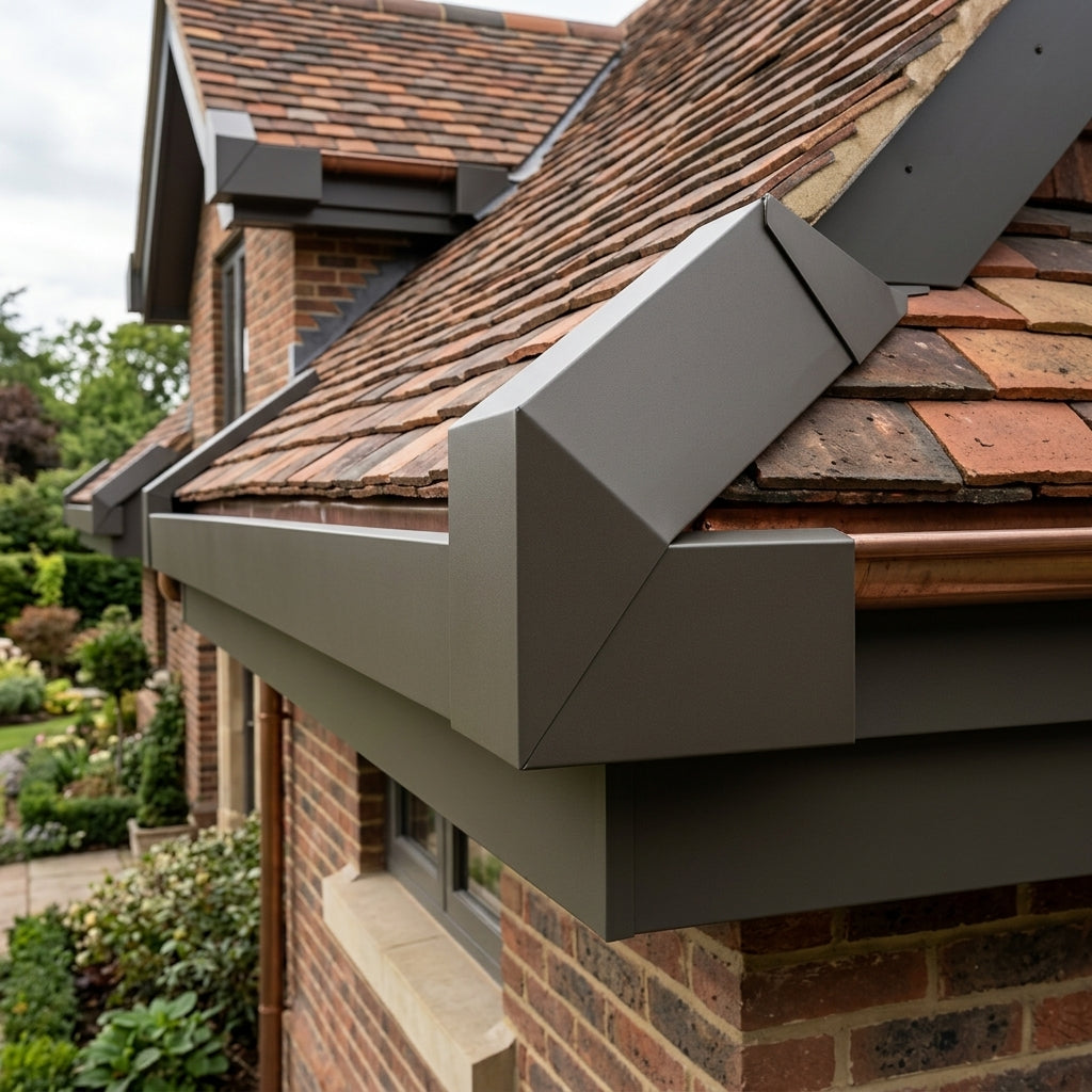 U Return Aluminium Fascia Angle Covers for Mitred Corners — RAL 7022 / 90 Deg External Angle (in use)