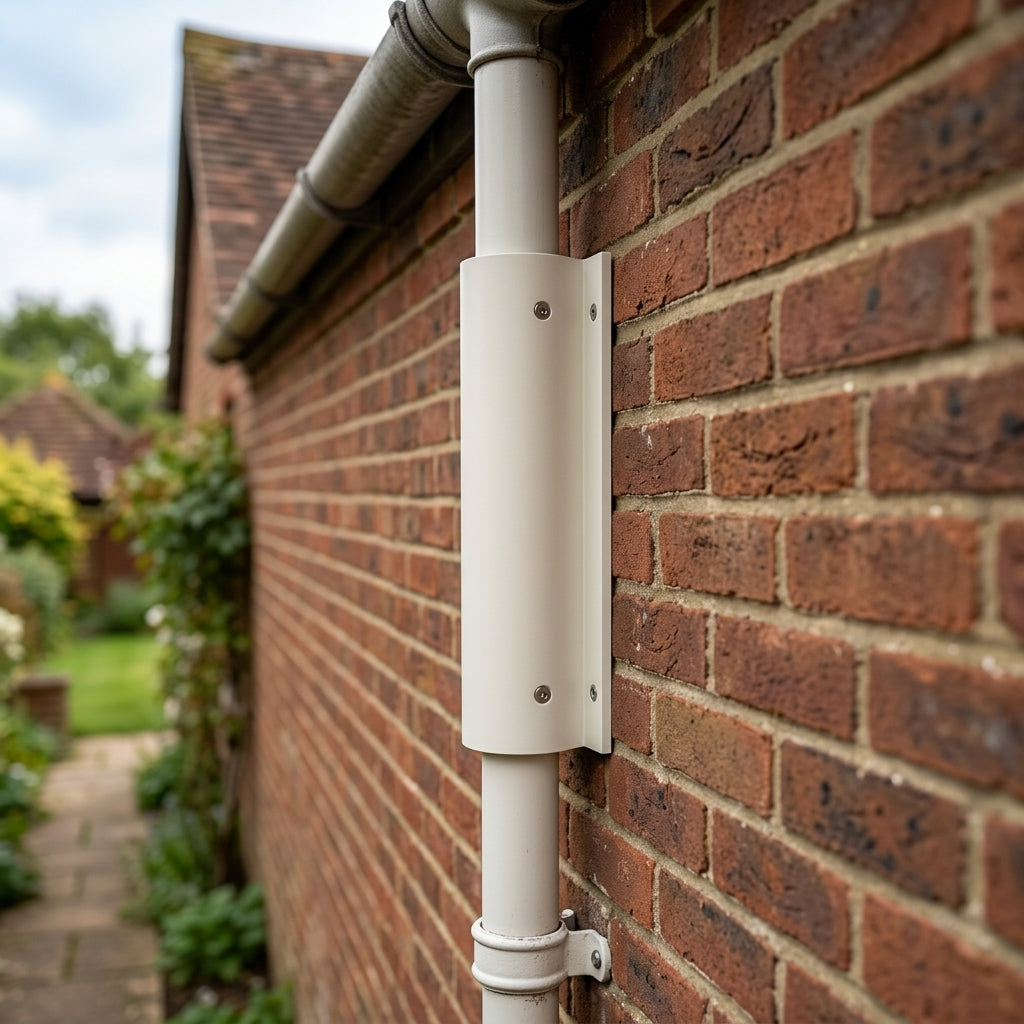63mm Diameter Aluminium Downpipe Access Plate — RAL 9010 (in use)