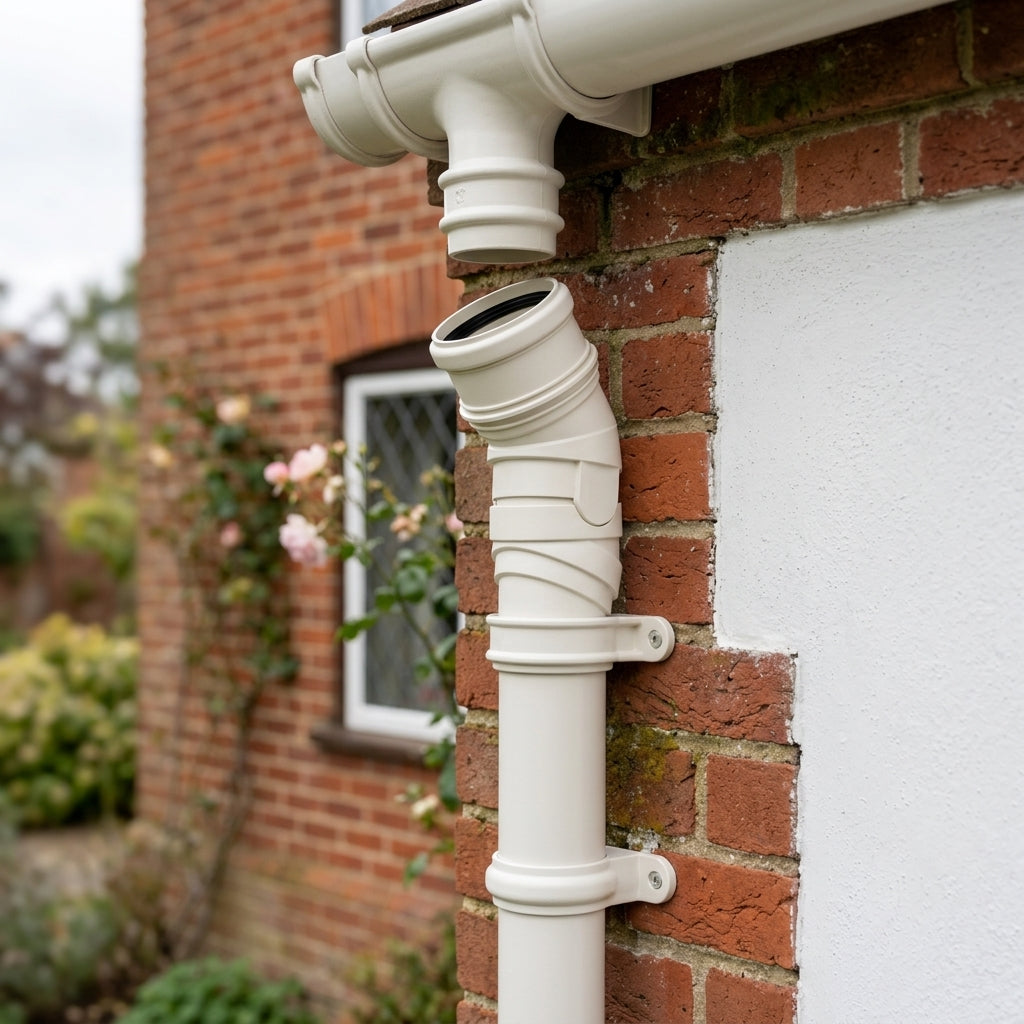 Traditional Adjustable Swanneck 76mm Dia Downpipe Connector — RAL 9010 (in use)