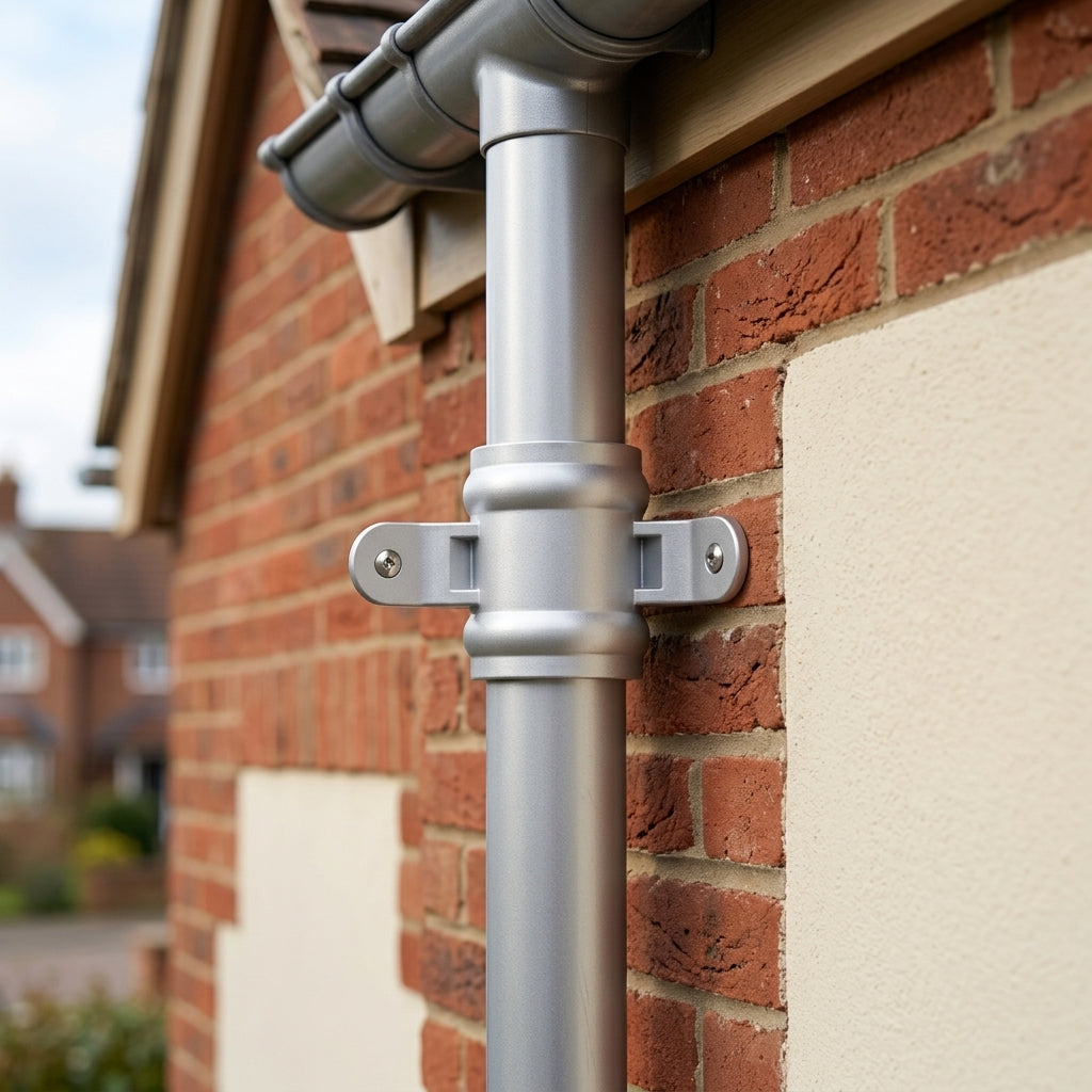 Traditional Downpipe Spare Socket 63mm Dia with Eared Fixings — RAL 9006 (in use)