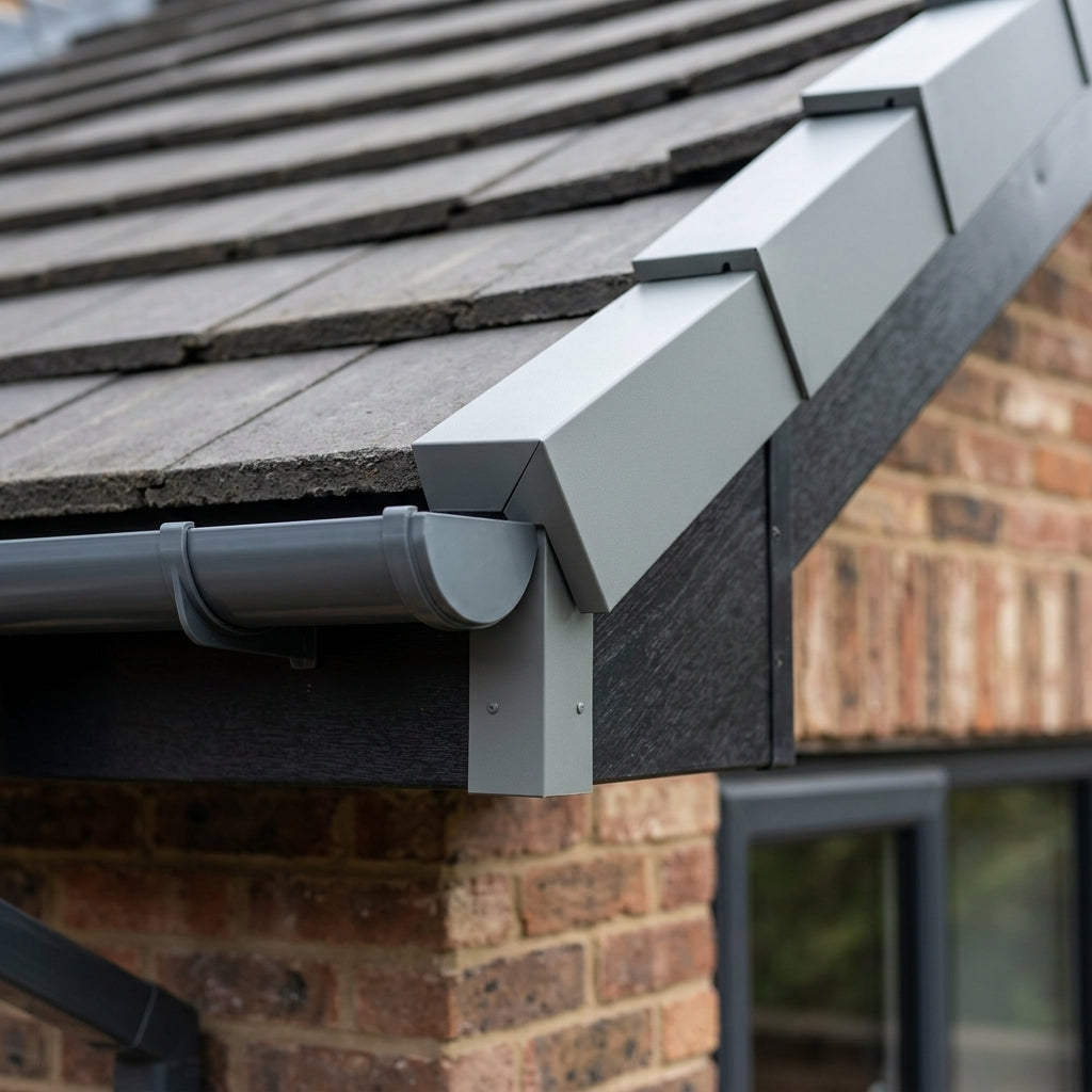 U Return Aluminium Fascia Angle Covers for Mitred Corners — RAL 7037 / 135 Deg External Angle (in use)