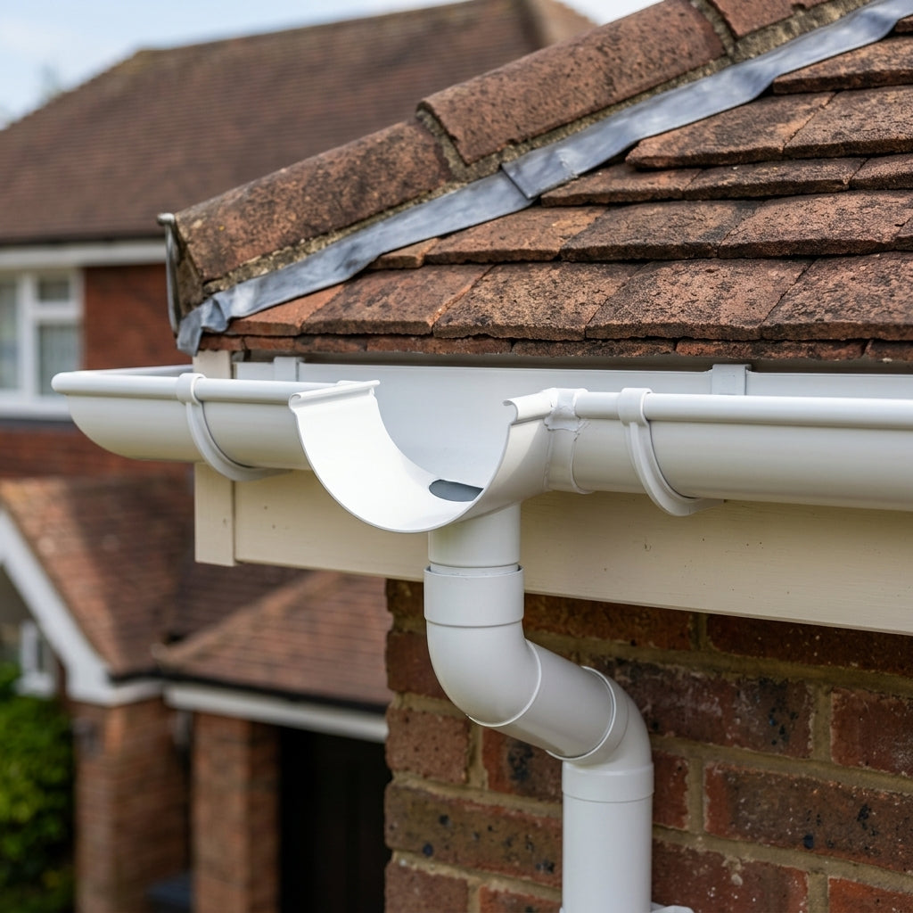 Half Round Aluminium Gutter Outlet 76mm – Marine Grade — RAL 9016 (in use)