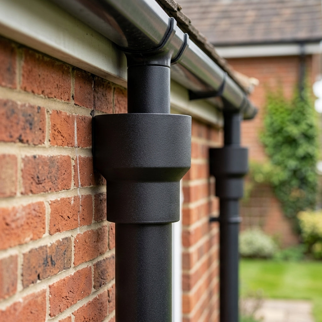 76mm Ø Outlet to Downpipe Length Connector — Textured Black (in use)